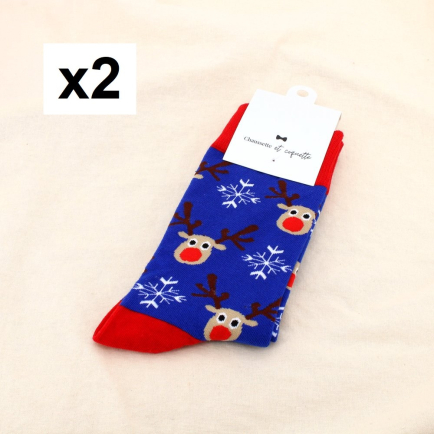 2 Paires de Chaussettes de Noël Motifs Rennes Flocons de Neige 0625527 bleu foncé