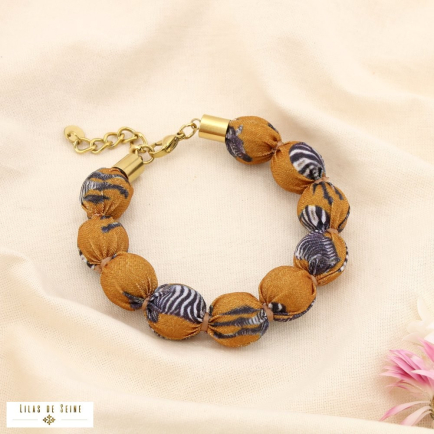 Bracelet Billes Tissu Imprimé Zèbre Acier Inoxydable 0225525 cognac