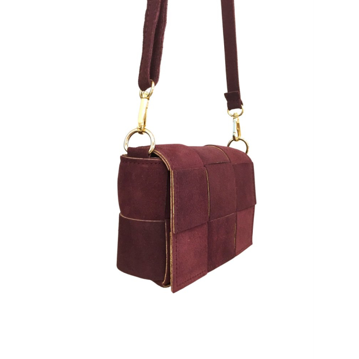 Sac pochette cuir véritable façon daim box tressé 0925028 bordeaux