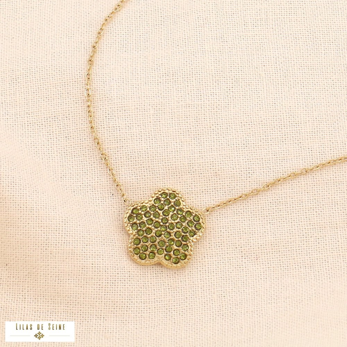 Collier fleurs acier doré strass pétale arrondie 0124546 vert