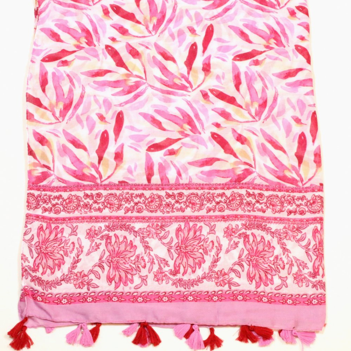 Étole femme imprimé floral bohème pompons soie viscose 0726003 magenta