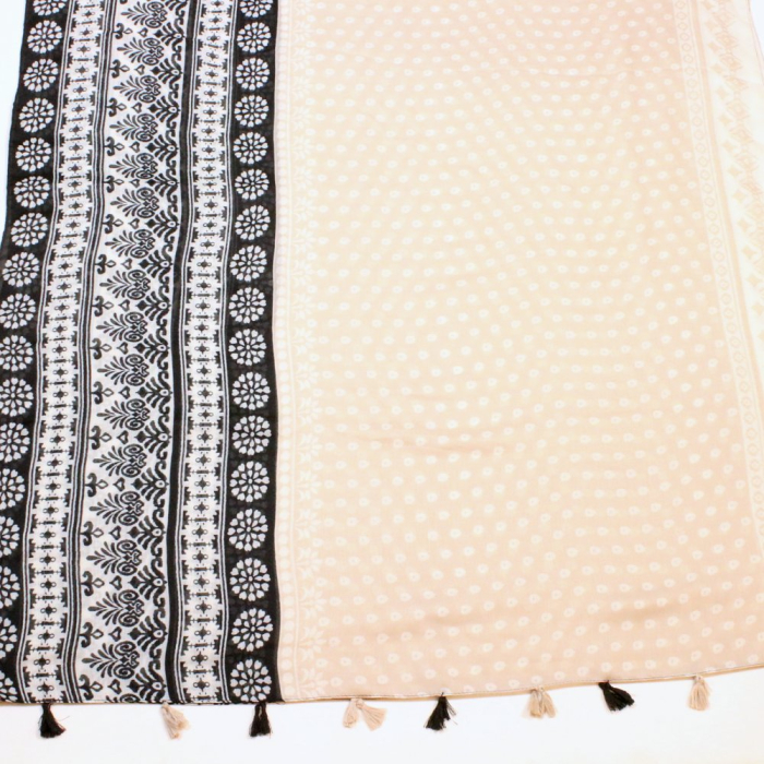 Foulard femme imprimé graphique contemporain pompons coton viscose 0726004 noir