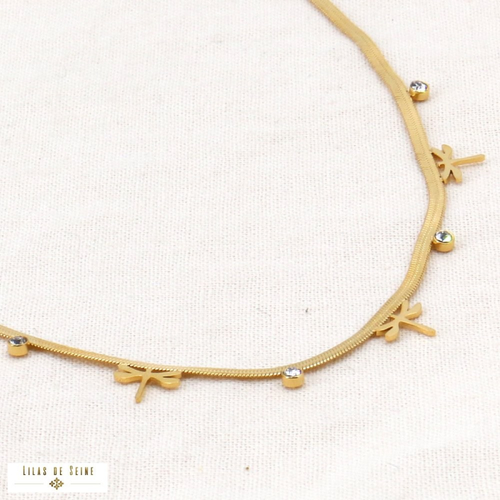 Collier chaîne maille miroir acier inoxydable pampilles libellules strass 0124005 doré