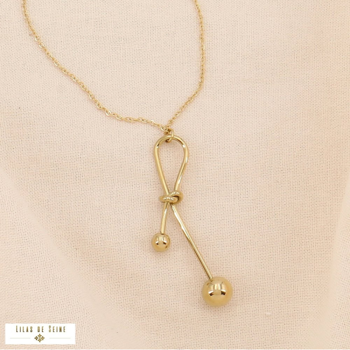 Collier chaîne fine acier inoxydable pendentif nœud stylisé billes 0124180 doré