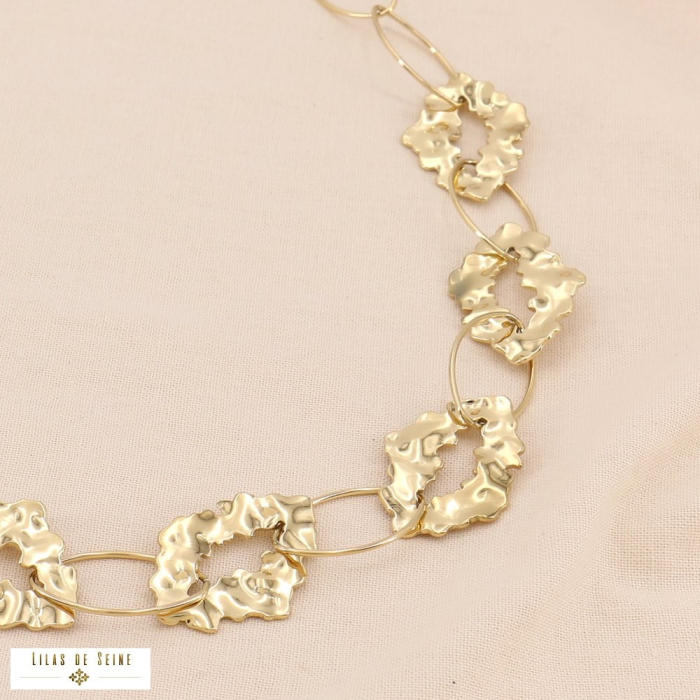 Collier chaîne larges maillons ovales acier inoxydable anneaux martelés 0124539 doré