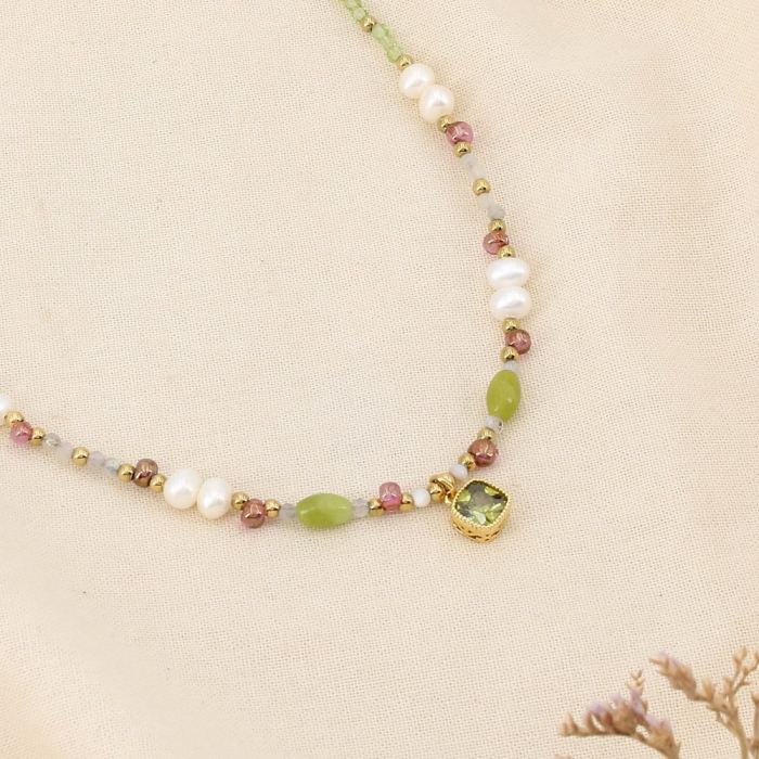 Collier perles breloque strass carré acier inox. 0126142 vert aqua