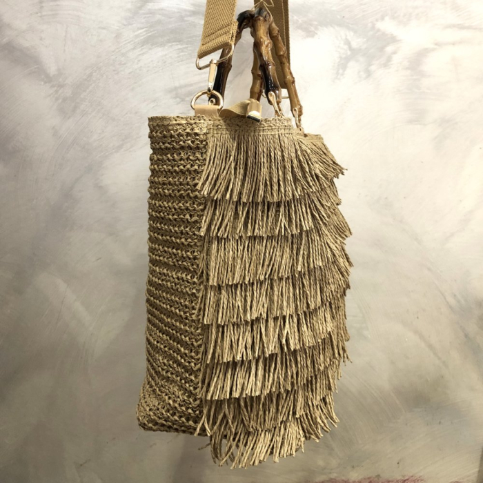 Sac à main femme paille franges style bohème chic 0926018 cognac