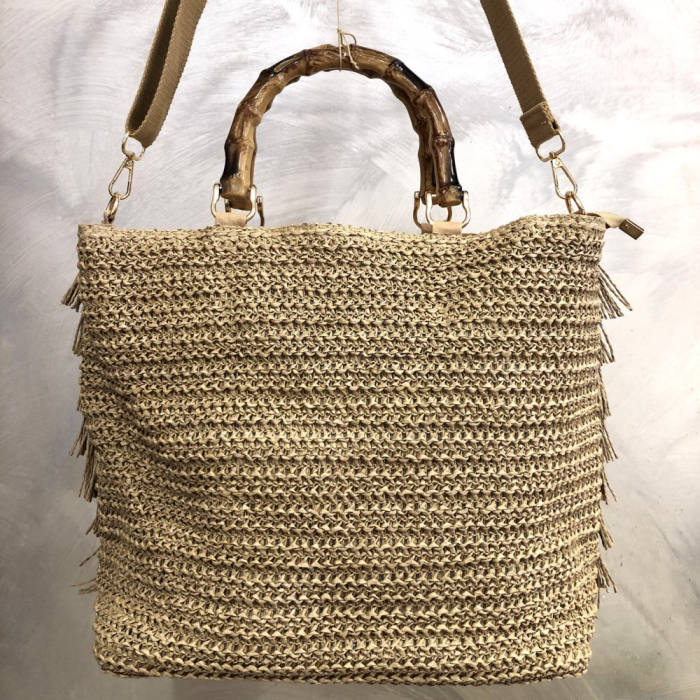 Sac à main femme paille franges style bohème chic 0926018 cognac