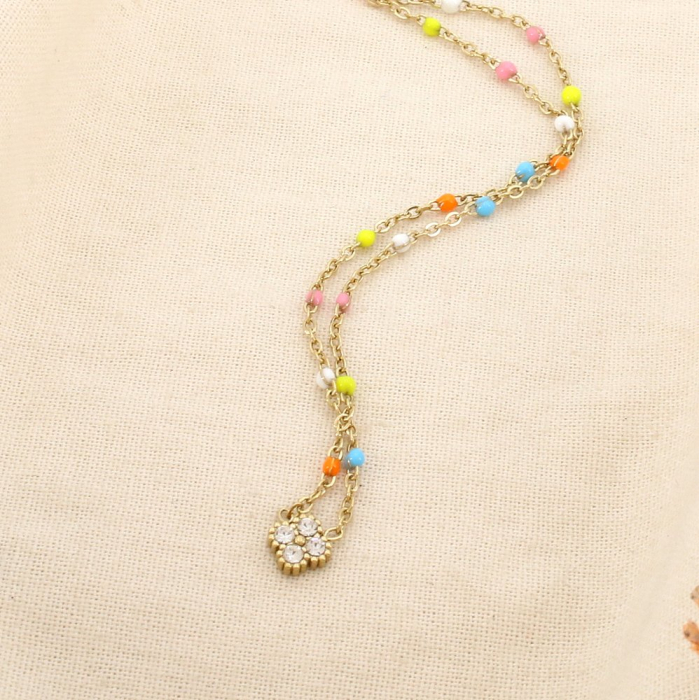 Collier Trèfle Strass Émail Coloré Chaîne Dorée Acier Inoxydable 0126147 multi