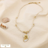Collier acier inoxydable pendentif escargot de mer émail cordon tressé métallisé 0125109 naturel/beige