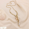 Sautoir acier inoxydable pendentif grappe breloques hippocampe coquillage perles nacrées 0125060 doré